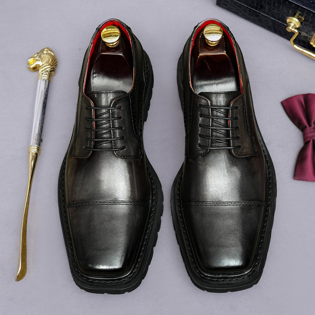 Men's Chunky Lug Sole Cap Toe Square Chisel Leather Derbies