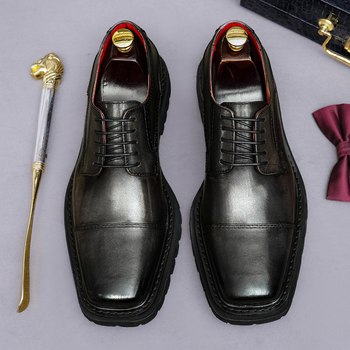 Men's Chunky Lug Sole Cap Toe Square Chisel Leather Derbies