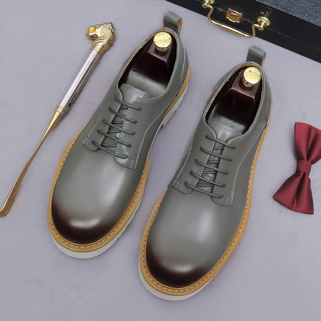 Men's pointed-toe leather derby dress shoes, gray, lace-up with thick outsoles
