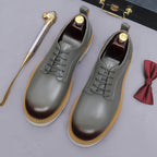 Men's pointed-toe leather derby dress shoes, gray, lace-up with thick outsoles