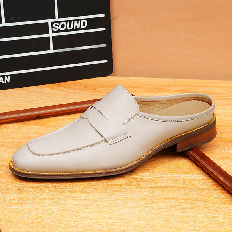 Men's Beige Pointed Toe Leather Mule Loafers