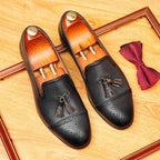 Men's Cap Toe Carved Tassel Pointed Leather Loafers