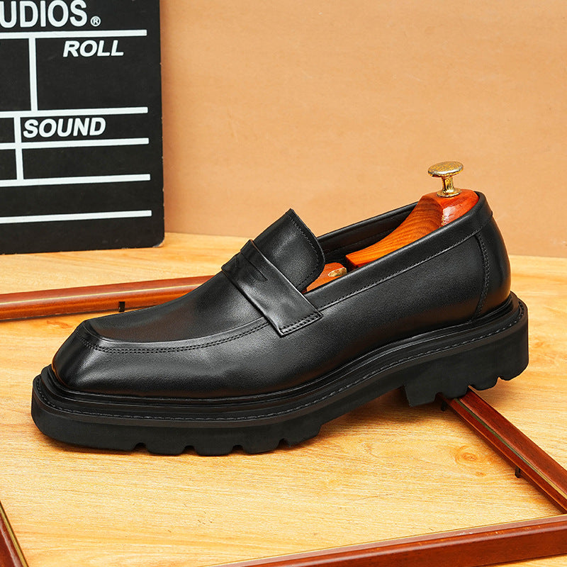 Men's Square Toe Penny Strap Chunky Sole Leather Loafers