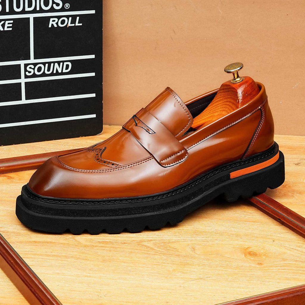 Men's Square Toe Brogue Platform Leather Loafers