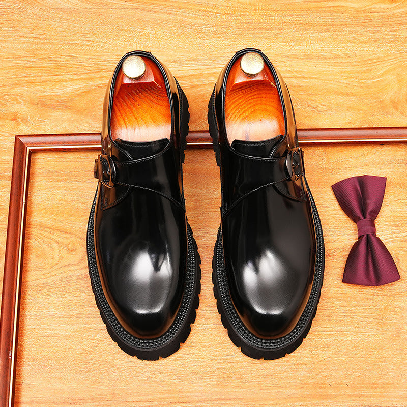 Men's Round Toe Chunky Sole Single Monk Strap Leather Shoes