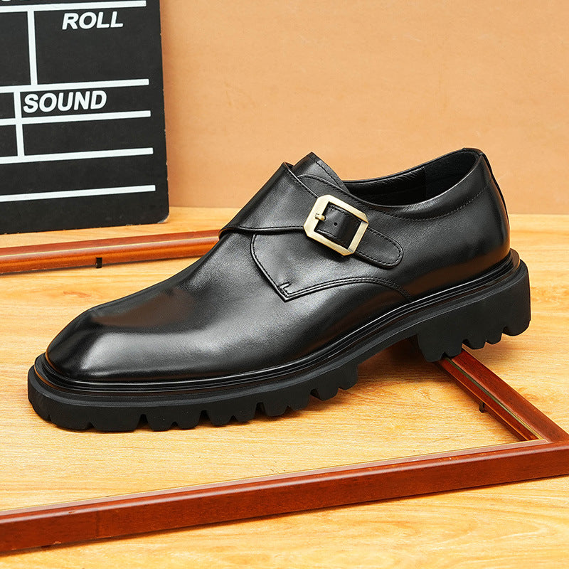 Men's Smooth Square Toe Single Monk Strap Leather Shoes