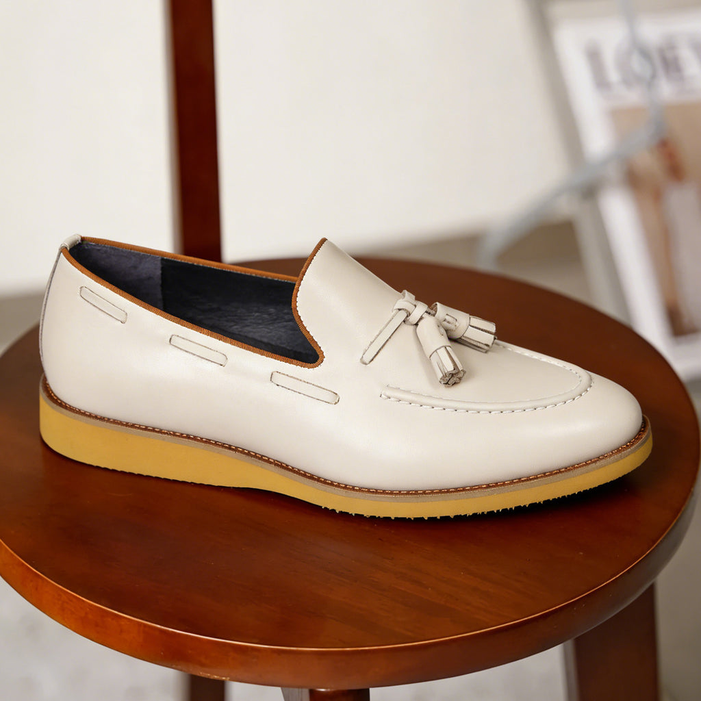 Men's Beige Elastic-Gore Leather Tassel Dress Loafers