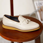 Men's Beige Elastic-Gore Leather Tassel Dress Loafers