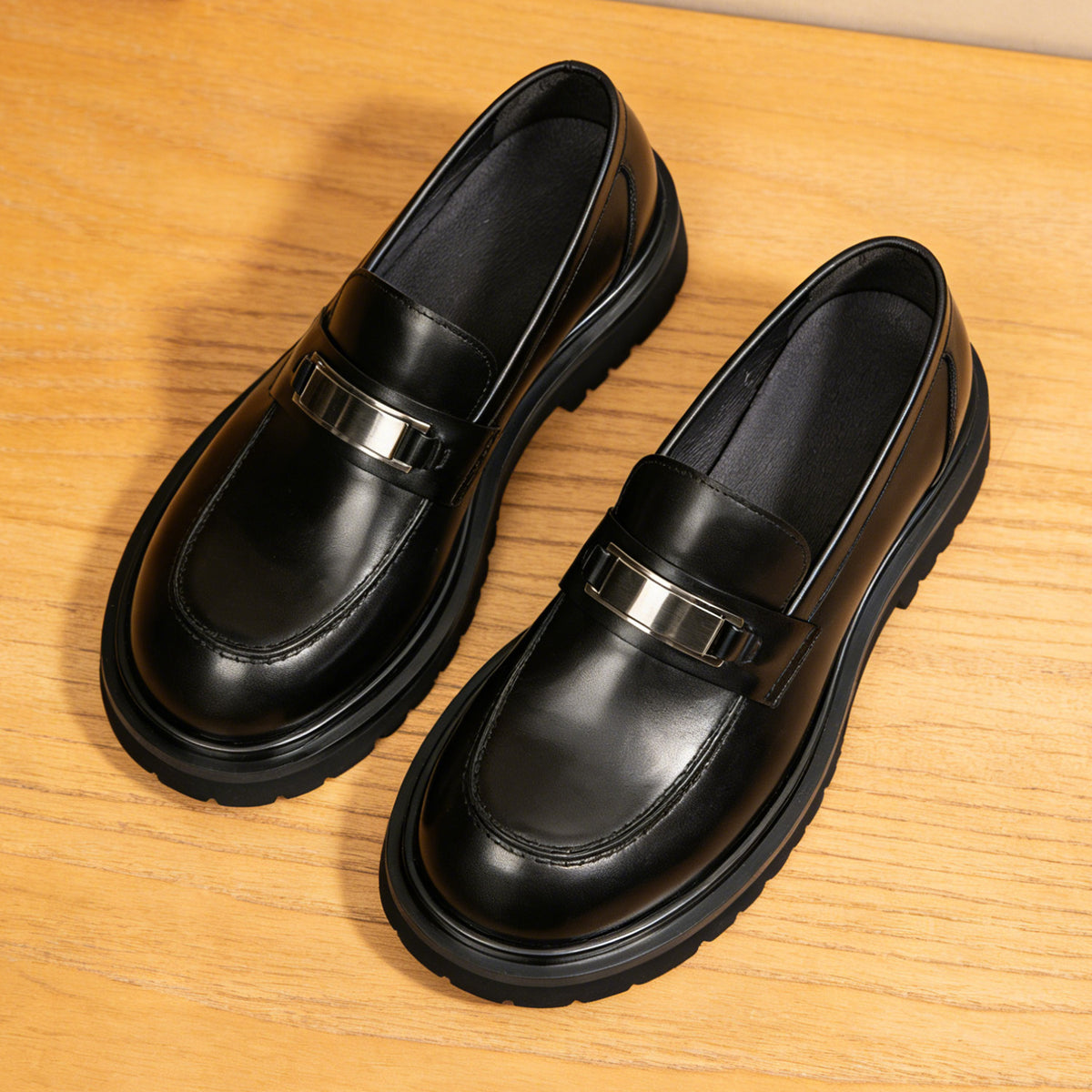 Men's Vintage Round Toe Platform Leather Dress Loafers