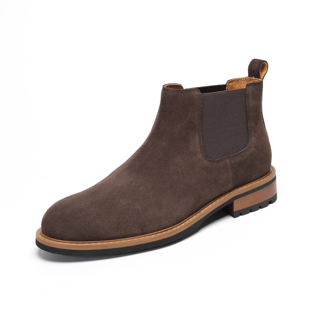 Men's suede chelsea dress boot in dark brown with elastic side panel and pointed toe