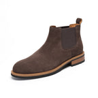 Men's suede chelsea dress boot in dark brown with elastic side panel and pointed toe