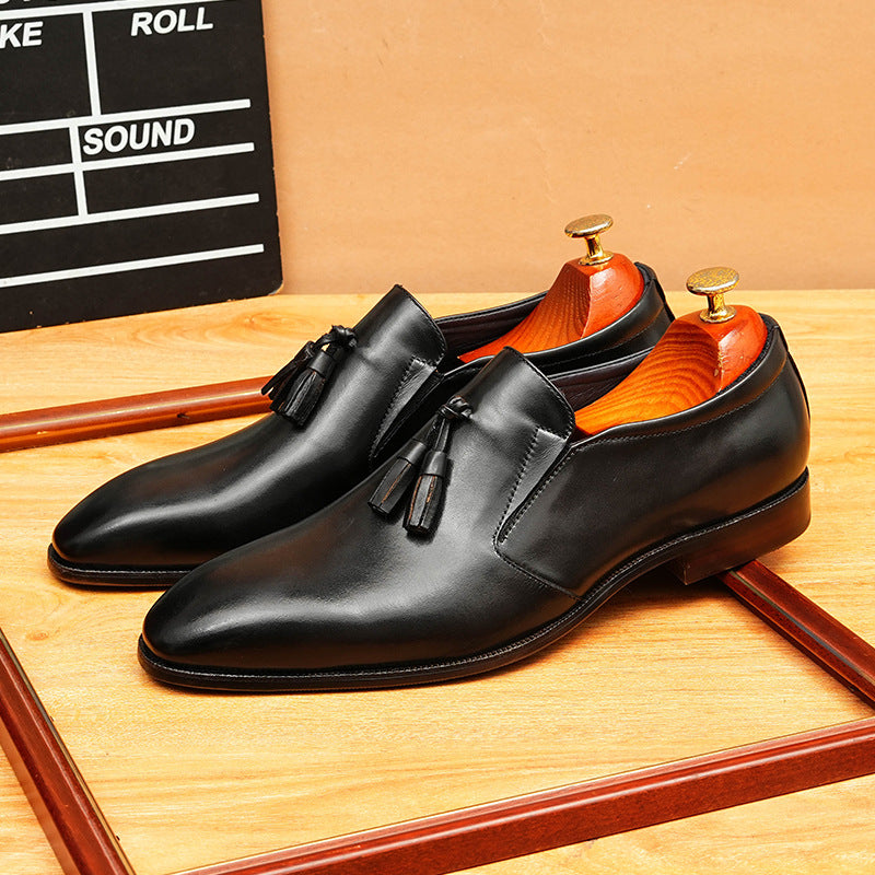 Men's Burnished Pointed Toe Tassel Leather Loafers