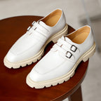 Men's White Beige Pointed Toe Chunky Double Monk Shoes