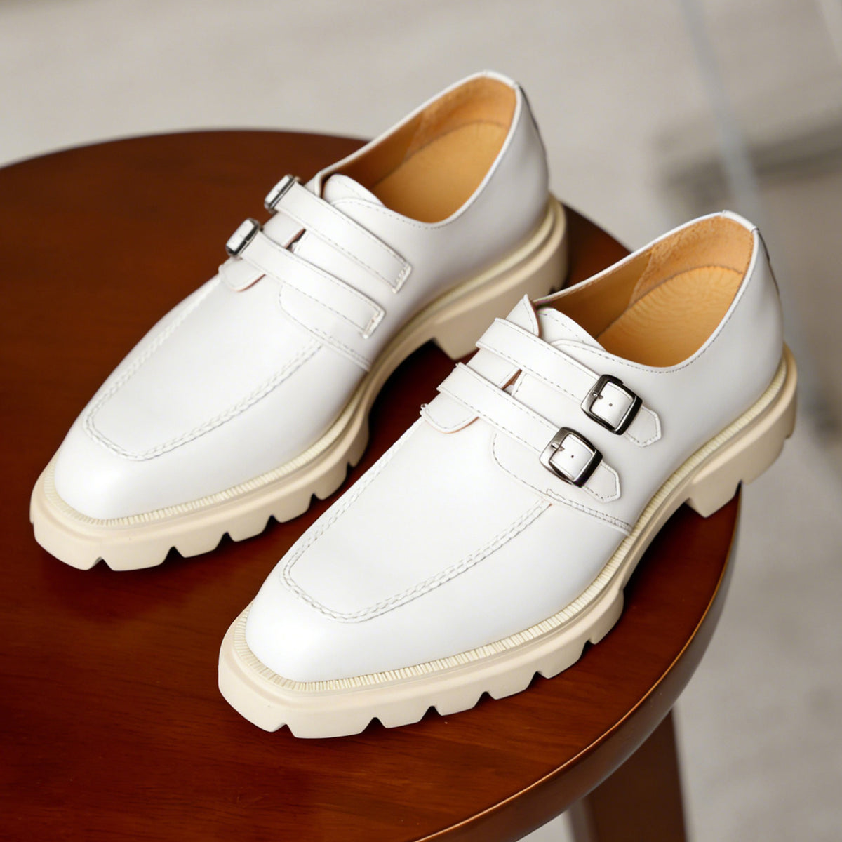 Men's White Beige Pointed Toe Chunky Double Monk Shoes