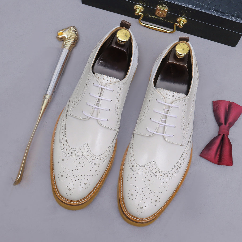 Men's leather derby dress shoes, white with perforated toe and tan sole