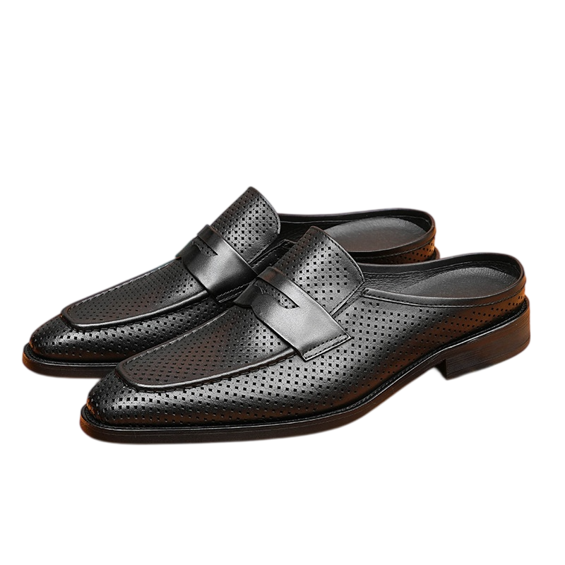 Men's Perforated Pointed Toe Leather Mule Loafers