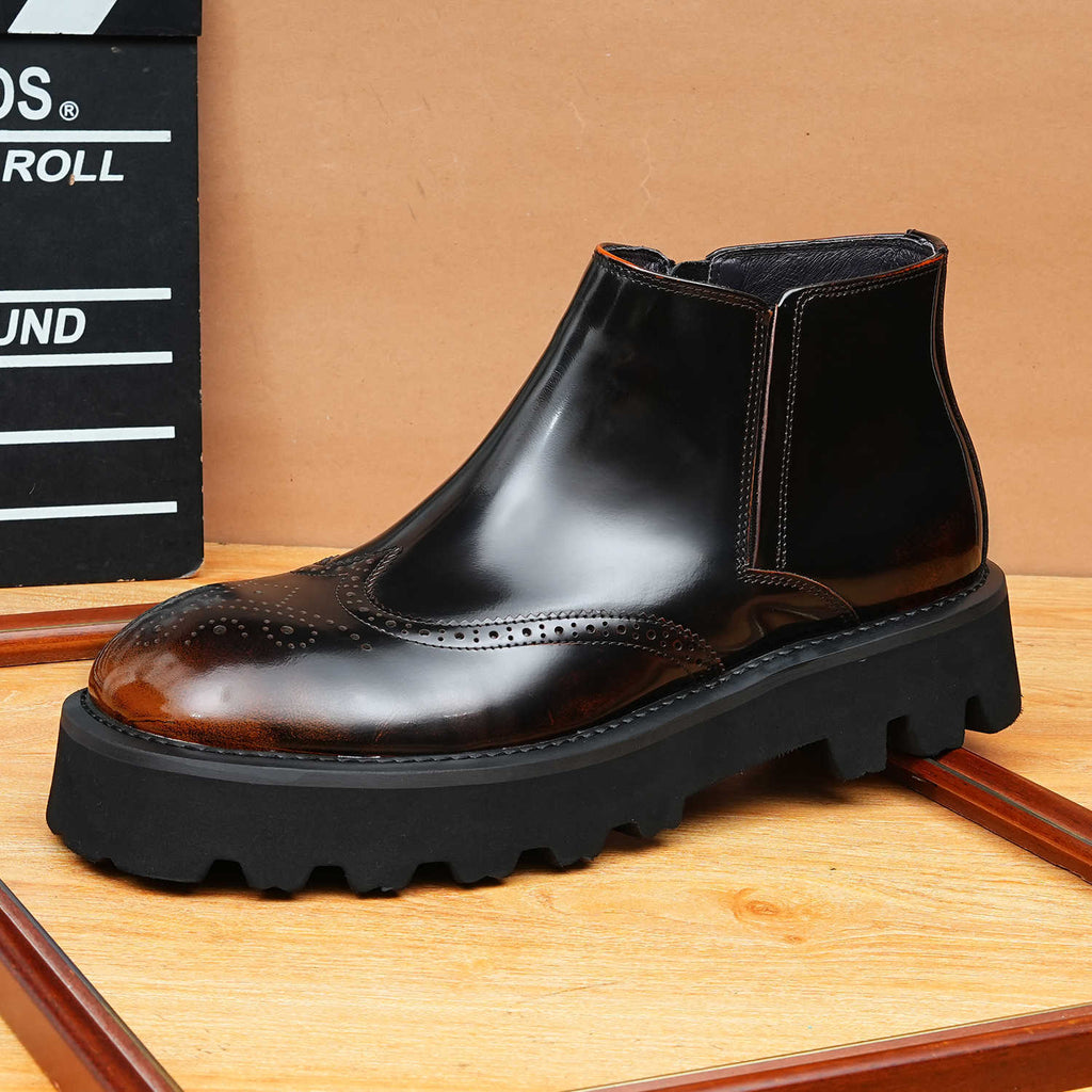 Men's Round Toe Brogue Thick Sole Leather Zip Boots