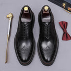 Men's chunky lug sole wingtip brogue oxford shoes, black leather-style lace-up