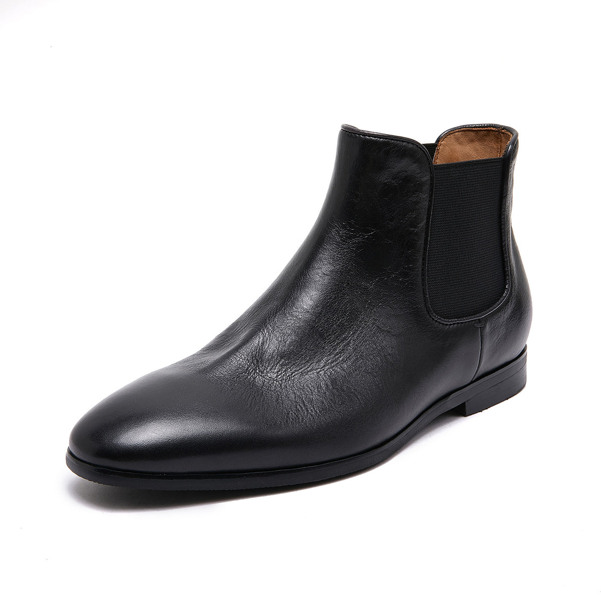 Men's pointed-toe Chelsea dress boots in black with elastic side panels