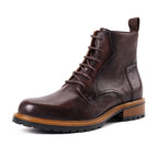Men's pointed-toe leather side-zip lace-up boots, dark brown with lug rubber sole