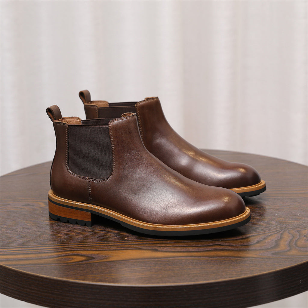 Round Plain Toe Leather Lug Chelsea Boots for Men