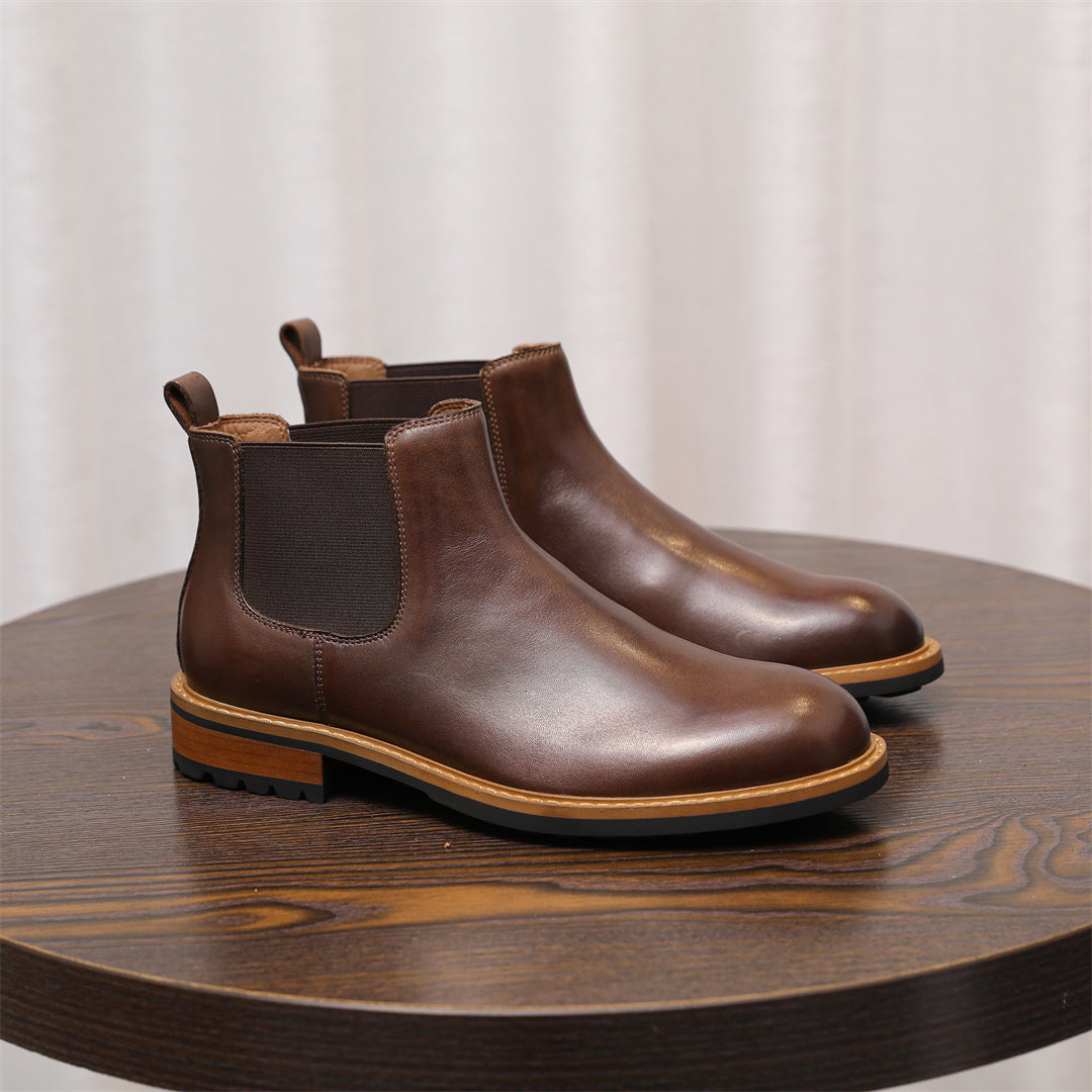 Round Plain Toe Leather Lug Chelsea Boots for Men