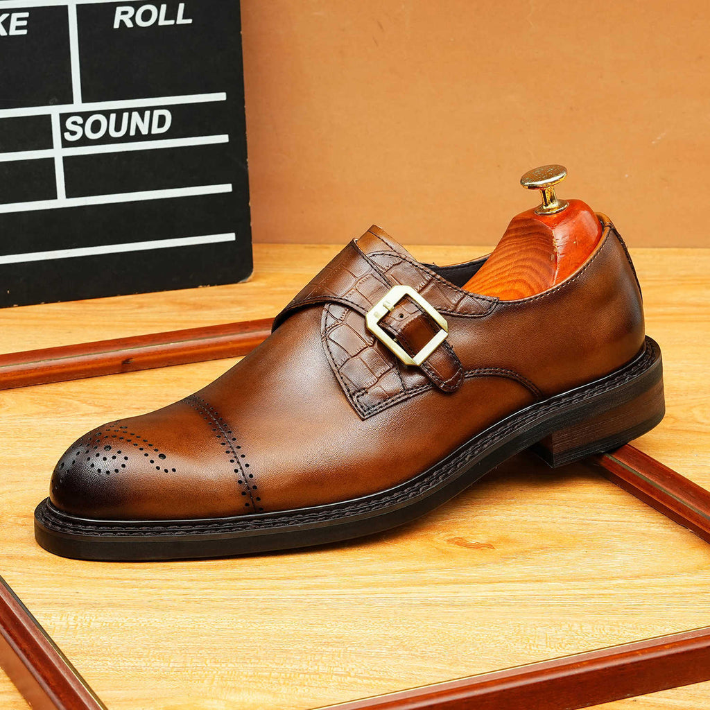 Men's Cap Toe Single Monk Strap Pointed Leather Shoes