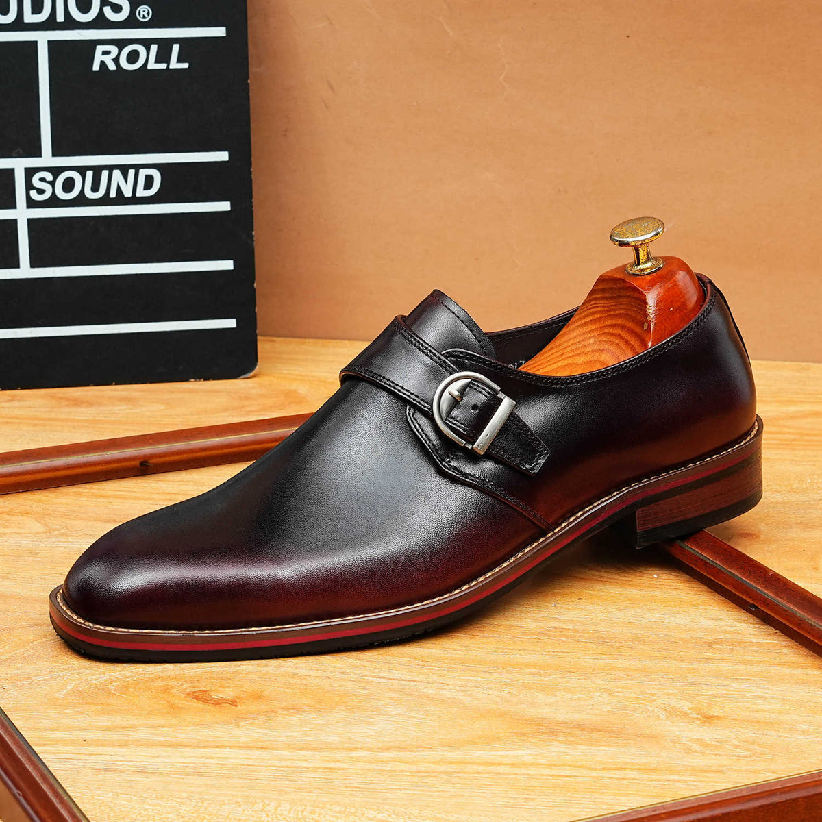 Men's Black Brown Pointed Toe Single Monk Strap Leather Shoes