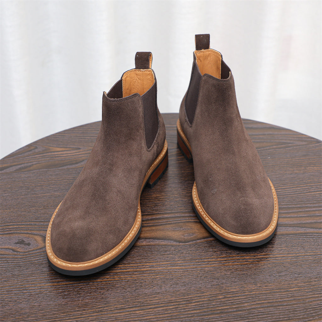 Men's suede chelsea dress boots in dark brown with elastic side panels and tan welt