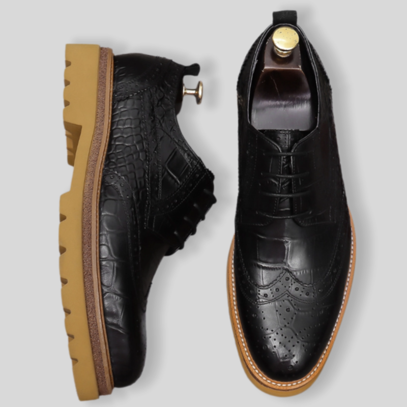 Men's black pointed-toe leather derby dress shoes, lace-up with wingtip perforations