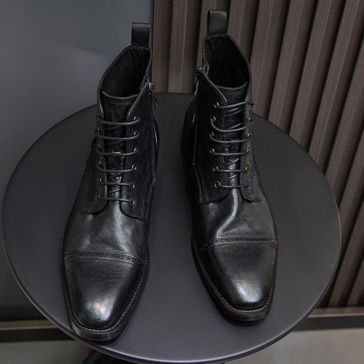 Cap Toe Leather Side-Zip Lace-Up Boots for Men