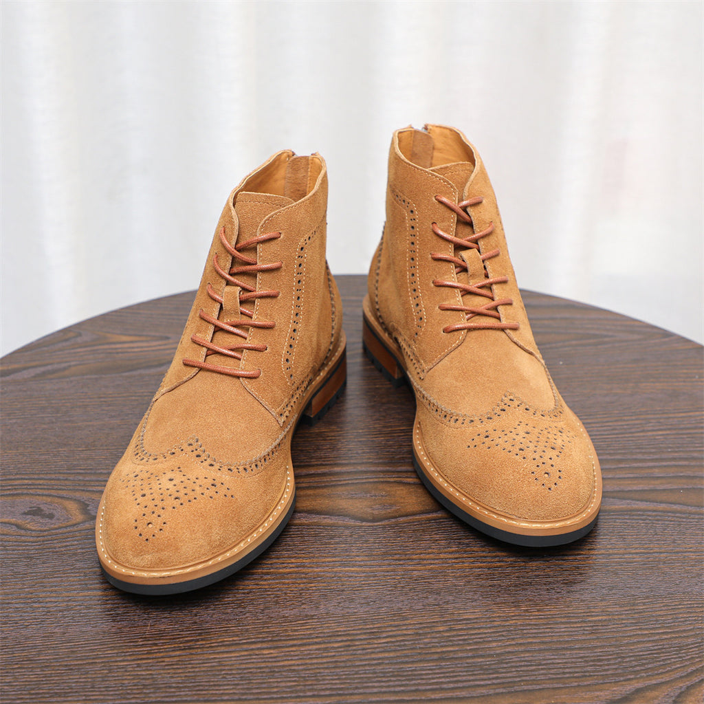 Wingtip Brogue Suede Back-Zip Lace-Up Boots for Men