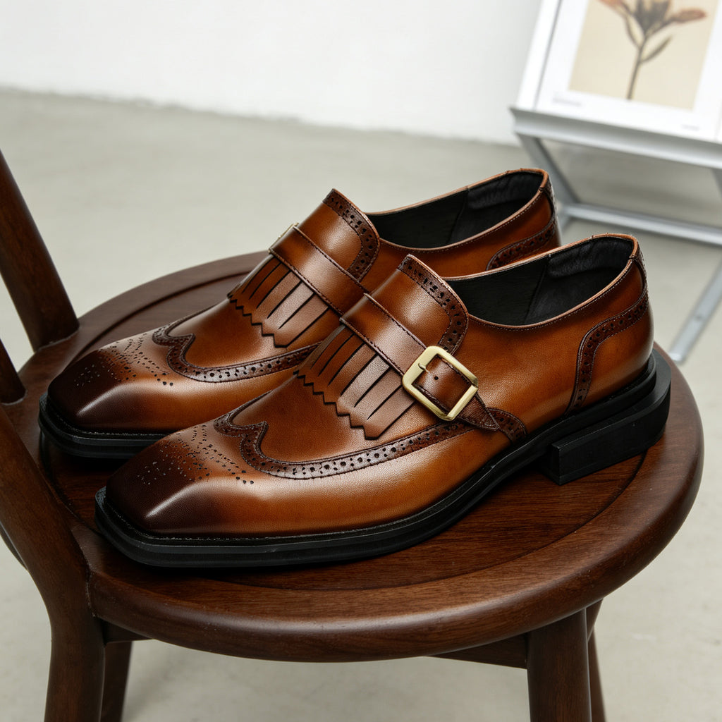 Men's Square Toe Single Monk Strap Leather Formal Shoes