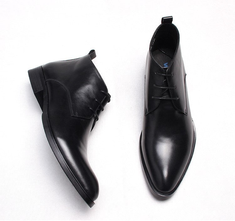 Black leather lace-up dress boots, angled side view with smooth finish and laces