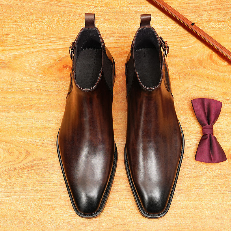 Men's Pointed Toe Buckle Leather Slip-On Chelsea Boots