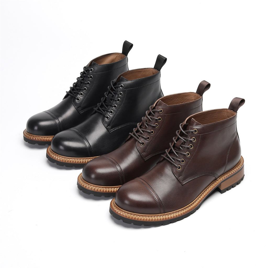 Cap Toe Leather Contrast-Welt Lace-Up Boots for Men