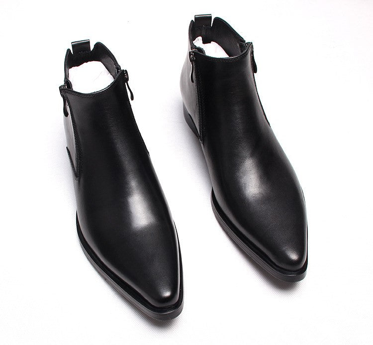 Men's black leather side-zip dress boots with thick sole, front angle