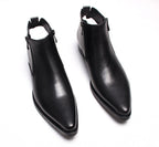 Men's black leather side-zip dress boots with thick sole, front angle
