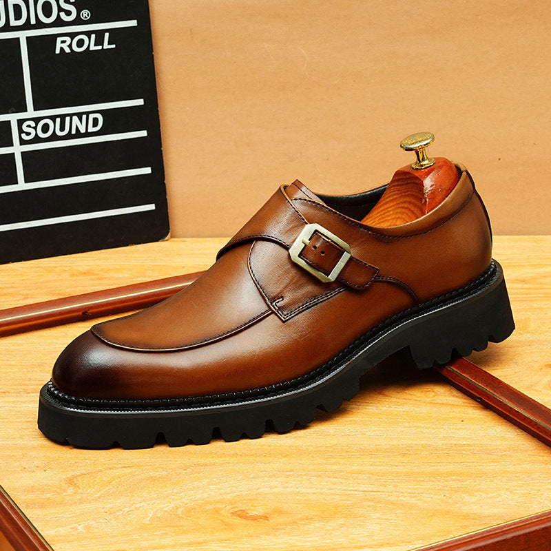 Men's Smooth Pointed Toe Single Monk Strap Leather Formal Shoes