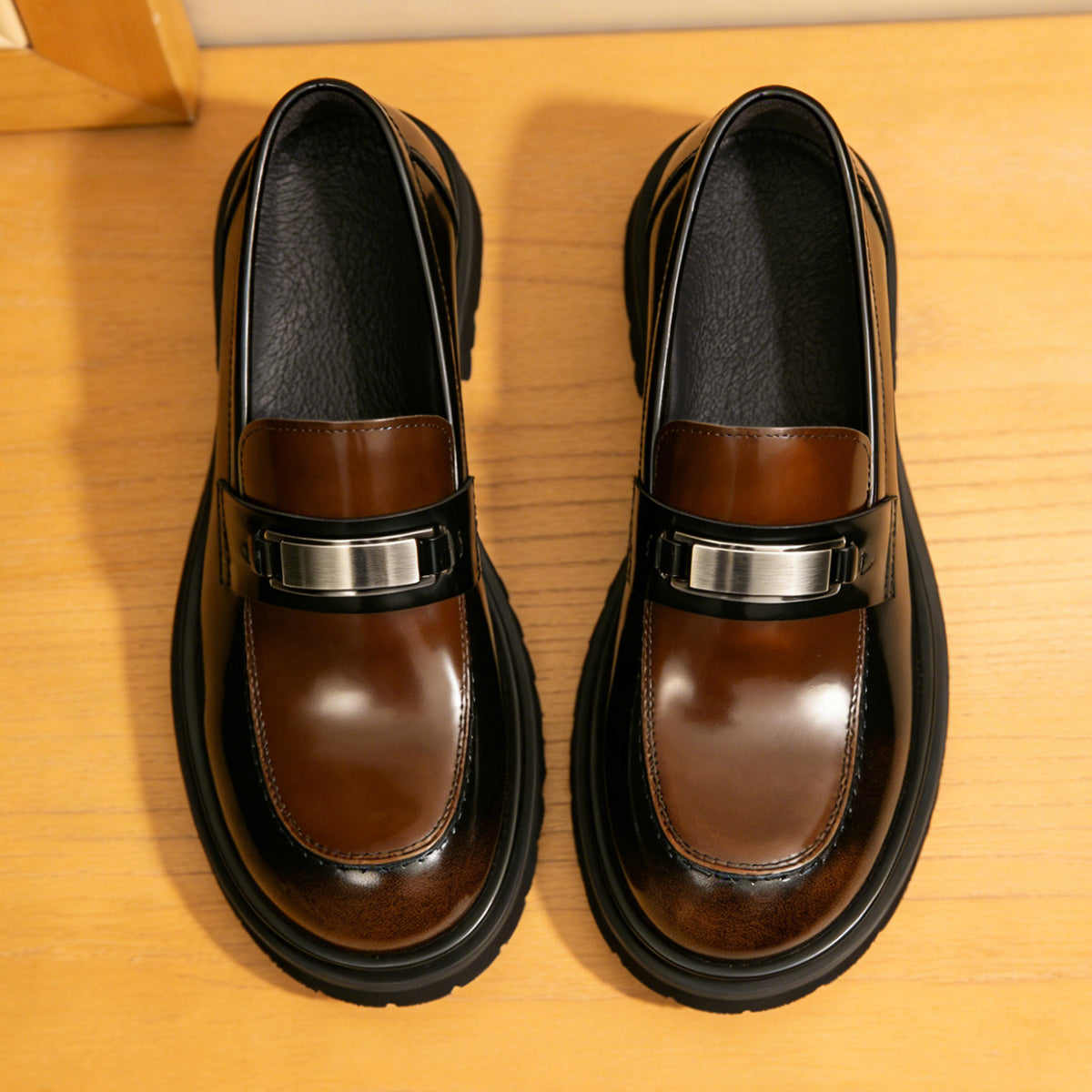 Men's Polished Round Toe Platform Leather Dress Loafers
