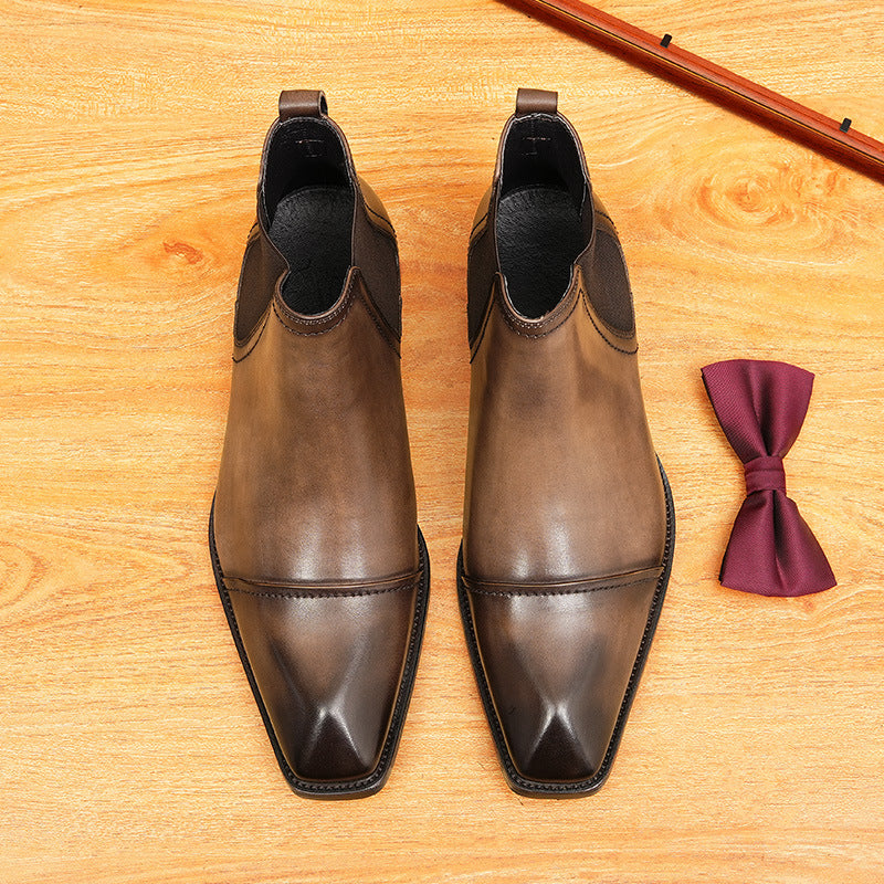 Men's Fashion Cap Toe Slip-On Leather Chelsea Boots