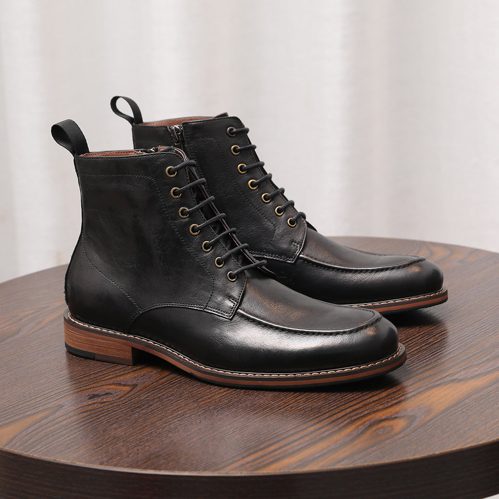 Black leather pointed-toe side-zip ankle boots, lace-up front, and low stacked heel