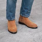 Men's point-toe leather side-zip dress boot in tan suede, close-up side view