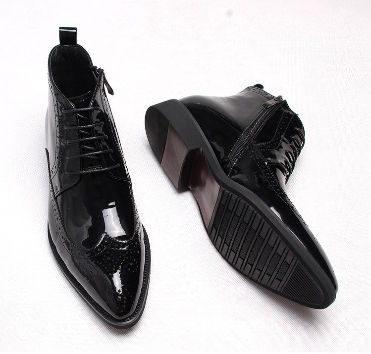 Men's black formal dress boots with side zipper and thick sole, glossy finish