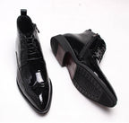 Men's black formal dress boots with side zipper and thick sole, glossy finish
