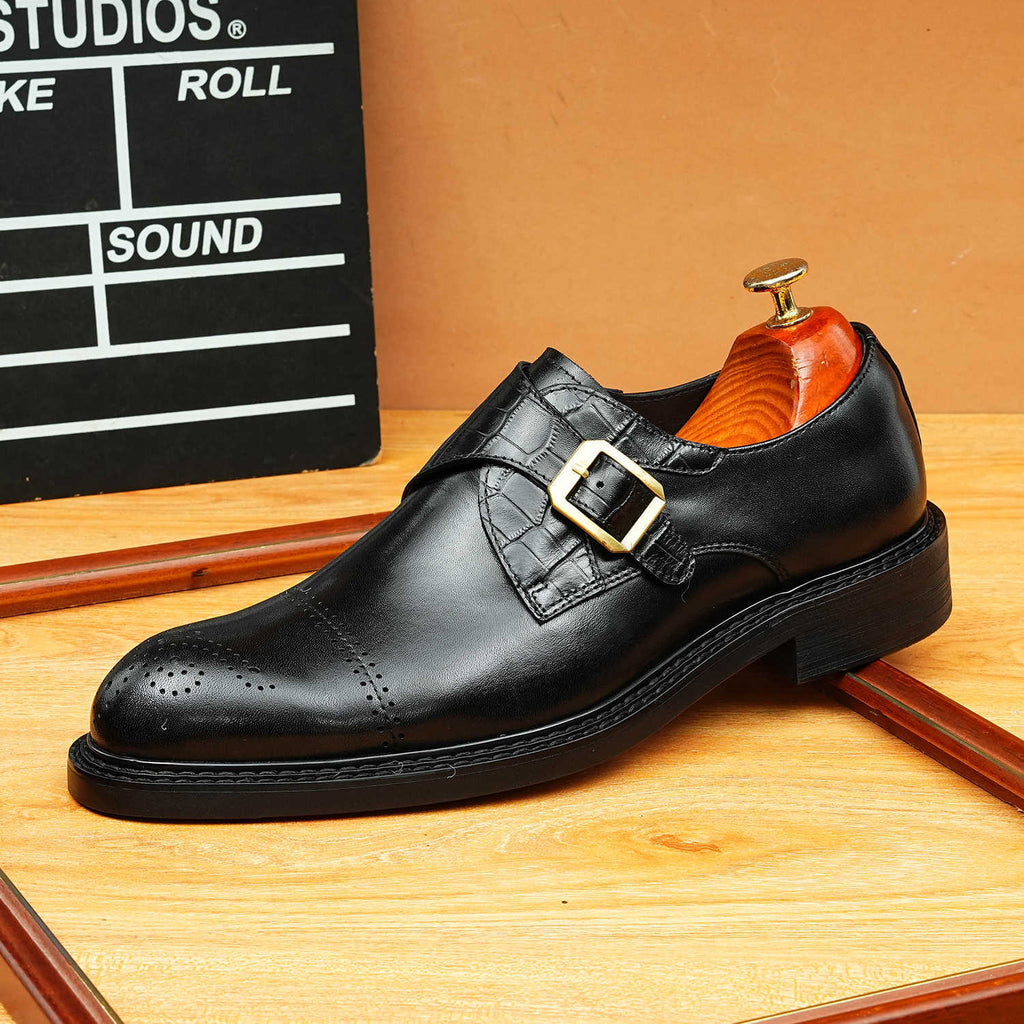 Men's Cap Toe Single Monk Strap Pointed Leather Shoes