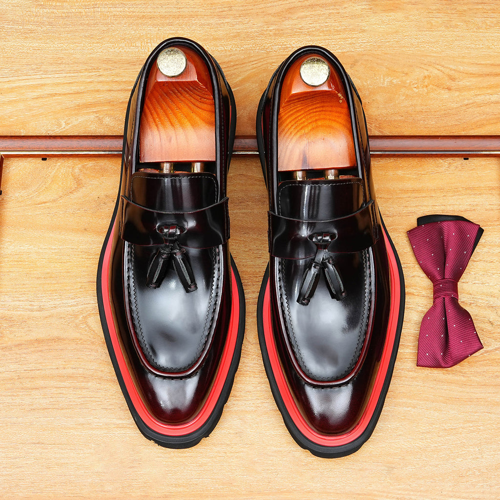 Men's Glossy Contrast Trim Tassel Leather Loafers
