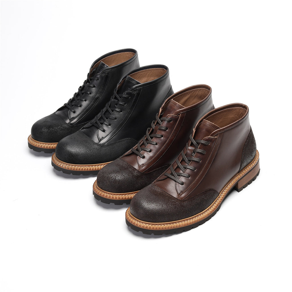 Men's Leather Textured Cap Toe Lug Sole Lace-Up Boots