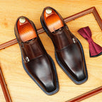 Men's Streamlined Pointed Toe Double Monk Strap Leather Shoes