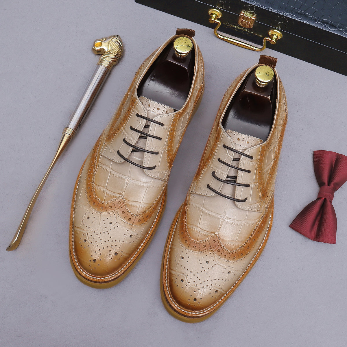 Men's pointed-toe leather derby dress shoes, tan/brown, lace-up with wingtip perforations